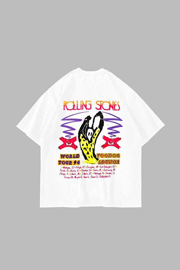 تي شيرت أبيض كبير الحجم مطبوع عليه Rolling Stones Voodoo Lounge للجنسين