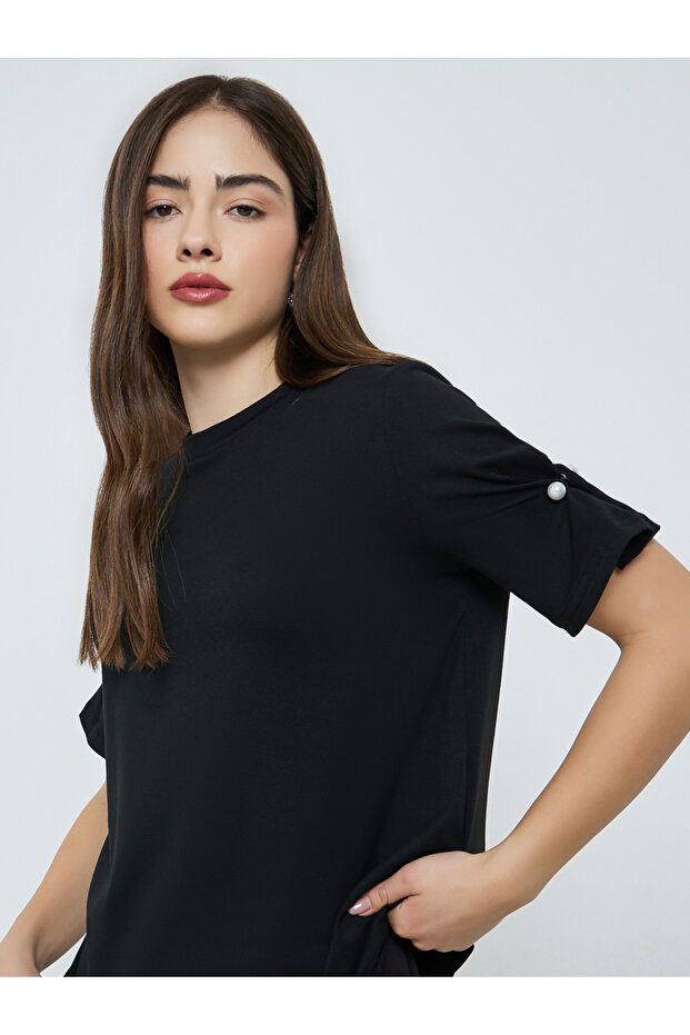 Black Woven T-Shirt with Pearl Button Detail