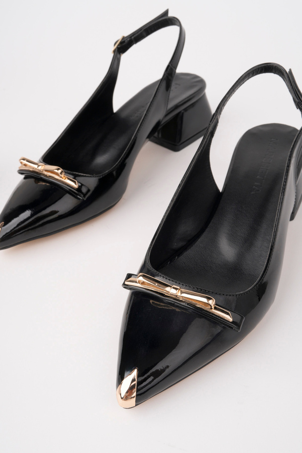 Aurelia Model Black Patent Leather Pointed Toe Gold Buckle Detailed Open Back Ballerina Women's Shoes