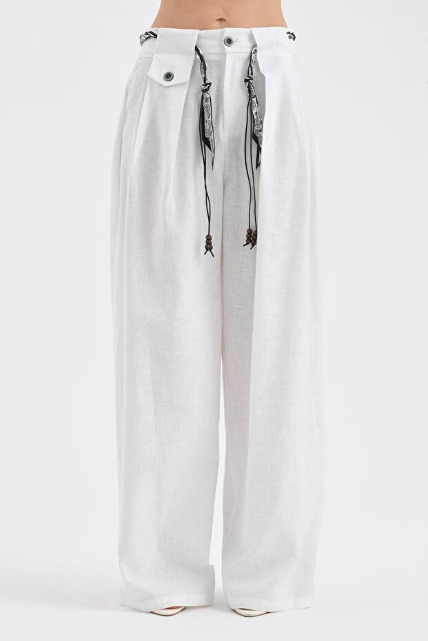 Women's Linen Fabric Design with Detachable Belt and Wide Leg Pants