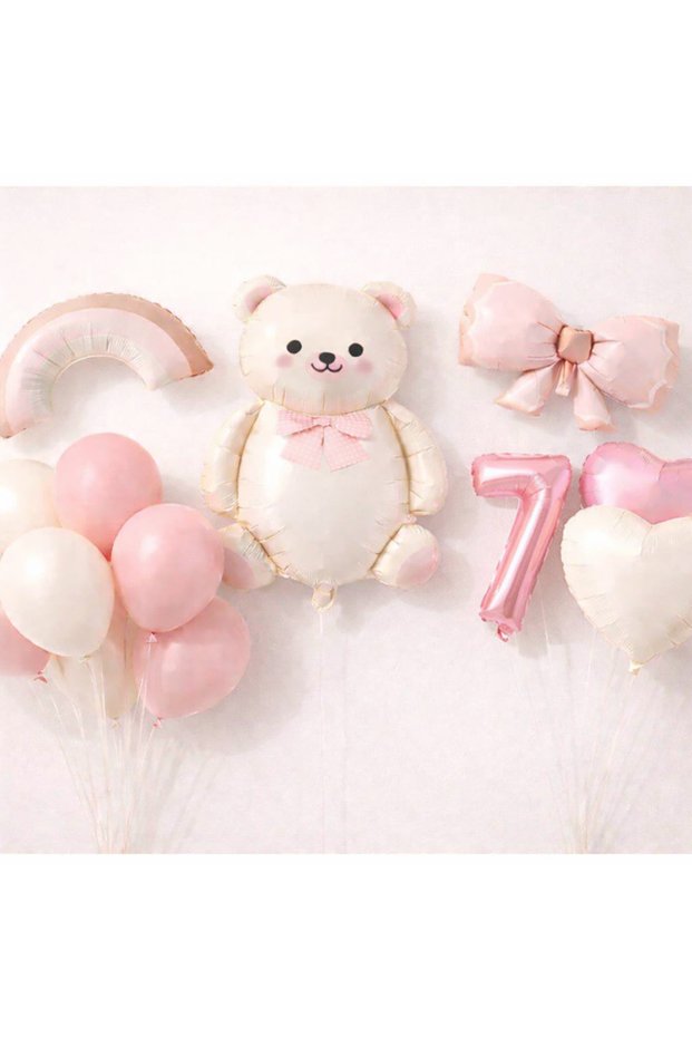 Girl Bear Birthday Concept 16 Pieces with Rainbow Bow, Heart and Number Balloons