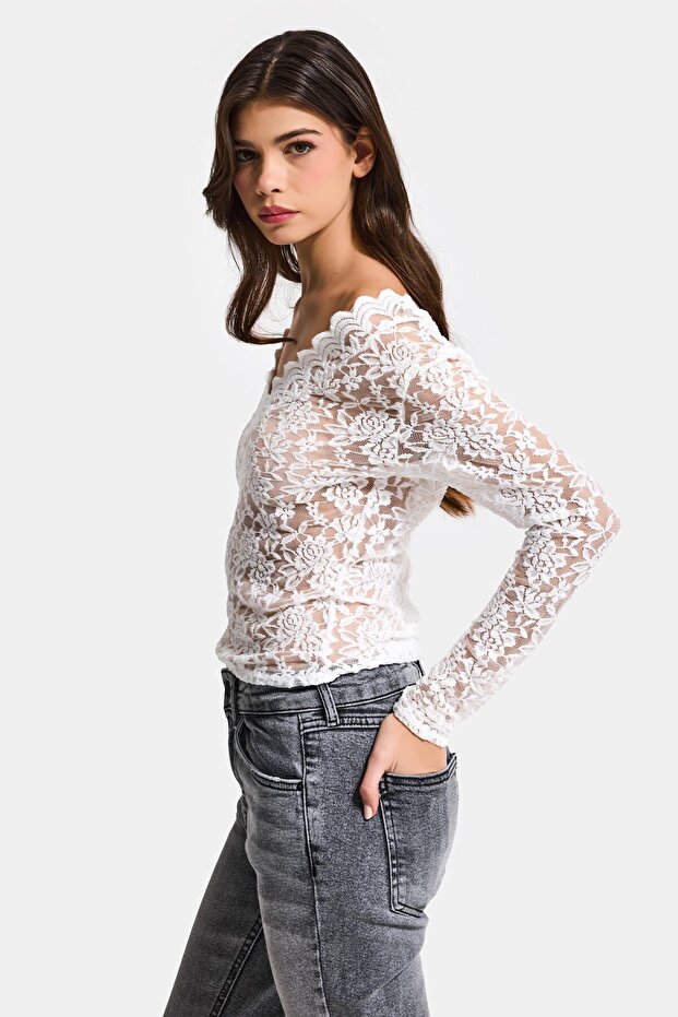 Kadın Ekru Şeffaf Dantelli Omuz Detaylı Bluz - 6