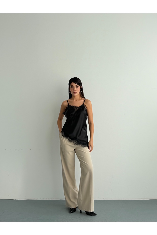 Women's Black Satin Lace Detailed Blouse – Asymmetrical Cut, Stylish and Elegant Blouse