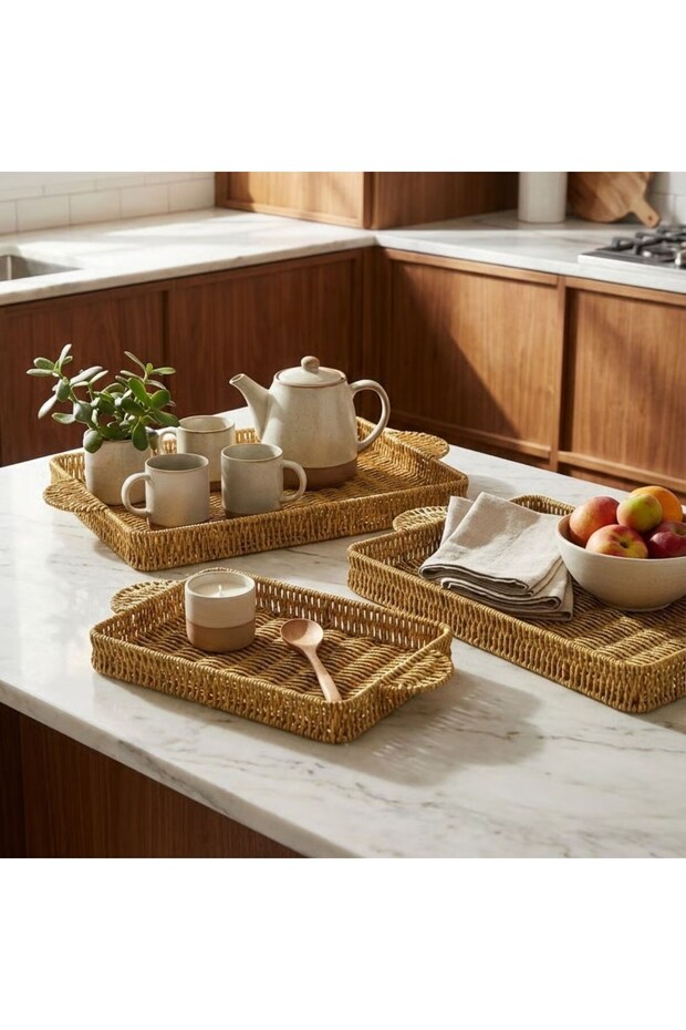 BUFFER ®   مجموعة من 3 صواني بلاستيكية مستطيلة متداخلة من الروطان - ذات مظهر من الخيزران متعددة الأغراض - 2