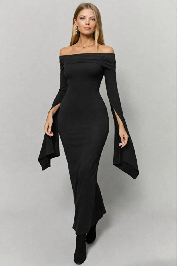 Madonna Collar Slit Sleeve Long Black Dress