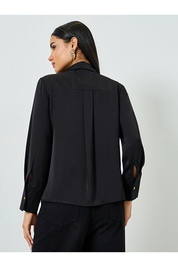 قميص أسود سادة بجيوب مزودة بأزرار - 5