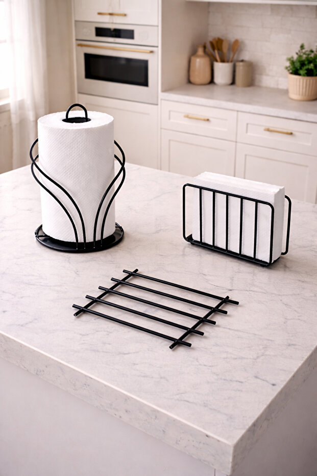 Black Swan Napkin Holder, Cage Napkin Holder, Nihale Black 3-Piece Kitchen Presentation Set