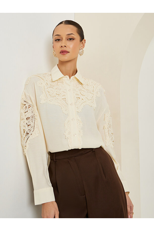 Women Cream Lace Trim Shirt