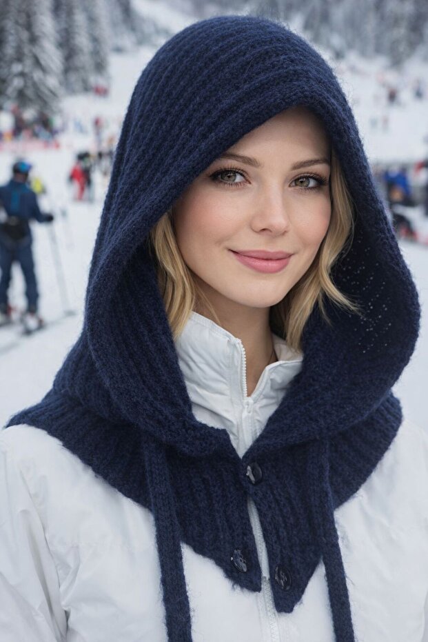 Navy Blue Wool Knitwear Button Detailed Balaklava Women's Beanie