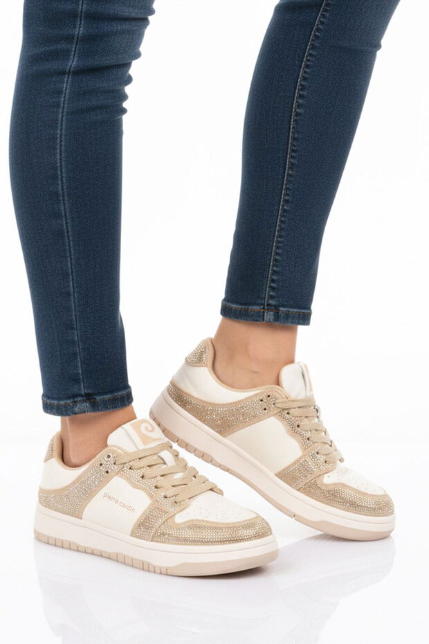 White Beige Lace-Up Stone Embroidered Lightweight Women's Sneaker Pci-11505 g