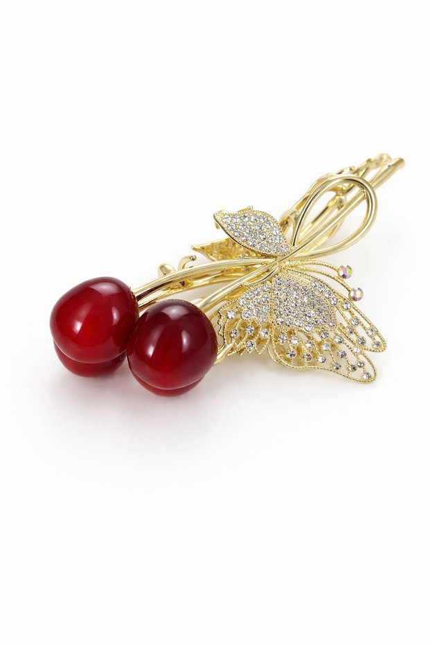 Gold Color Stone Butterfly Girl's Hair Clip with Pearl Pendant and Crystal Detail, Special Occasion Accessory
