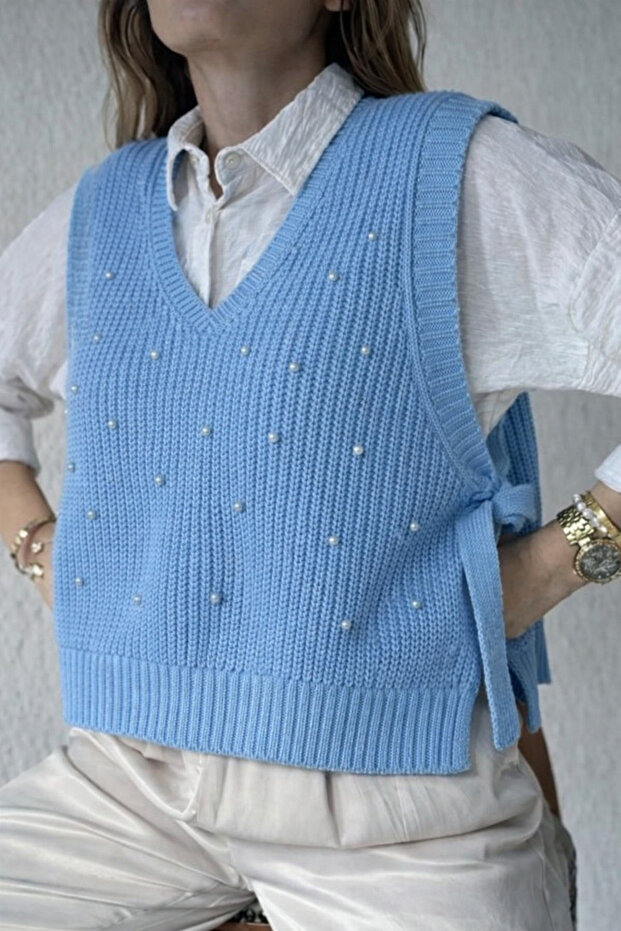 Pearl Detailed Side Tie Sweater