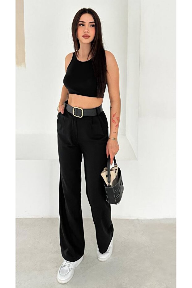Faux Leather Belted Palazzo Fabric Trousers