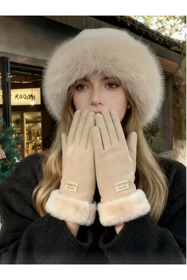 2Pcs Women Winter Warm Plush Fur Gloves and Hat Set Touchscreen Compatible Windproof