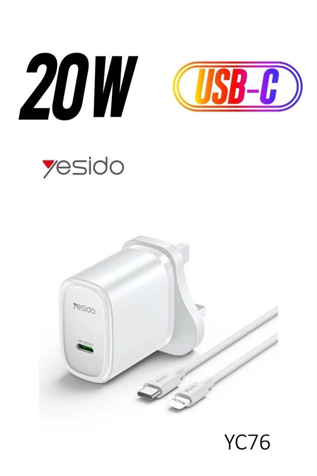 YC76 PD 20W USB Type-C Single Port Quick Charger - Fast Charging Adapter for iPhone, Samsung, Andro