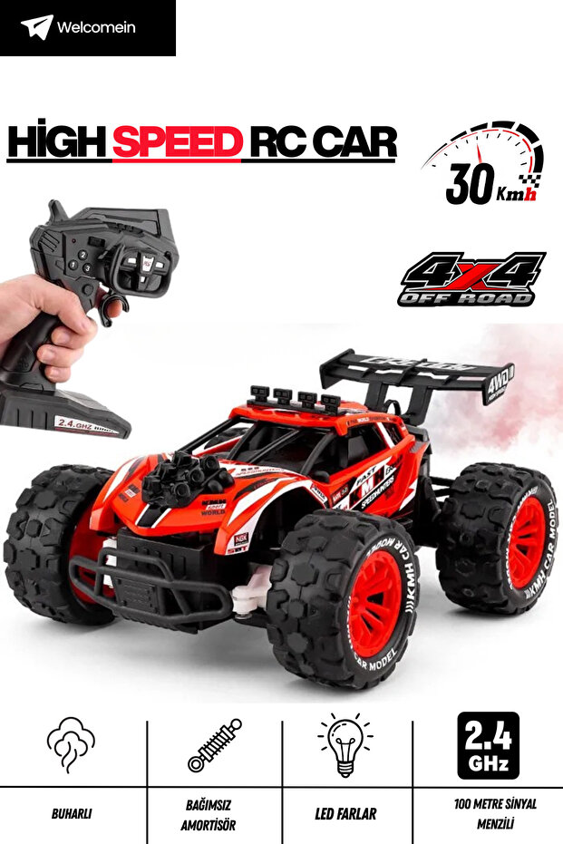 welcomein 30 KM/H RC Araba 4x4 Buharlı Işıklı 2.4GHz Uzaktan Kumandalı Off Road Oyuncak Araba