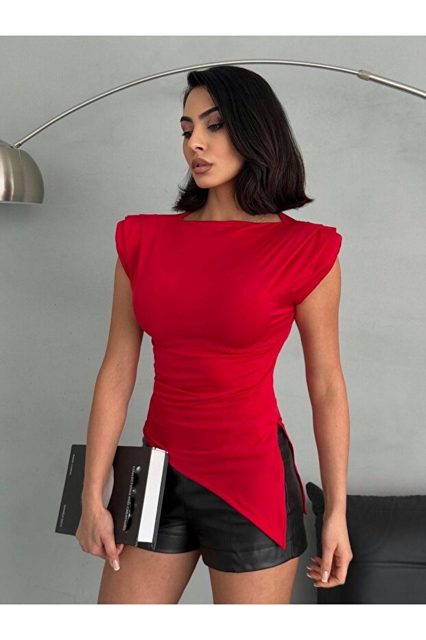 Women's Red Asymmetric Cut Padded Blouse