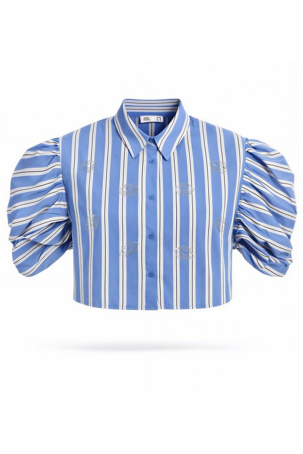 Women's Blue Striped Stone Detailed Balloon Sleeve Crop Shirt