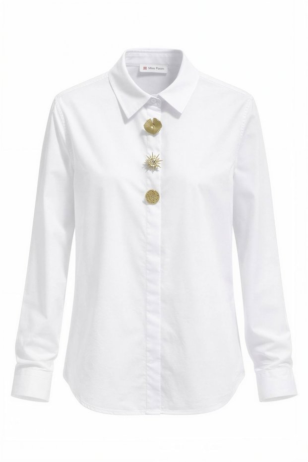 Women's White Gold Accessory Detail Long Sleeve Shirt
