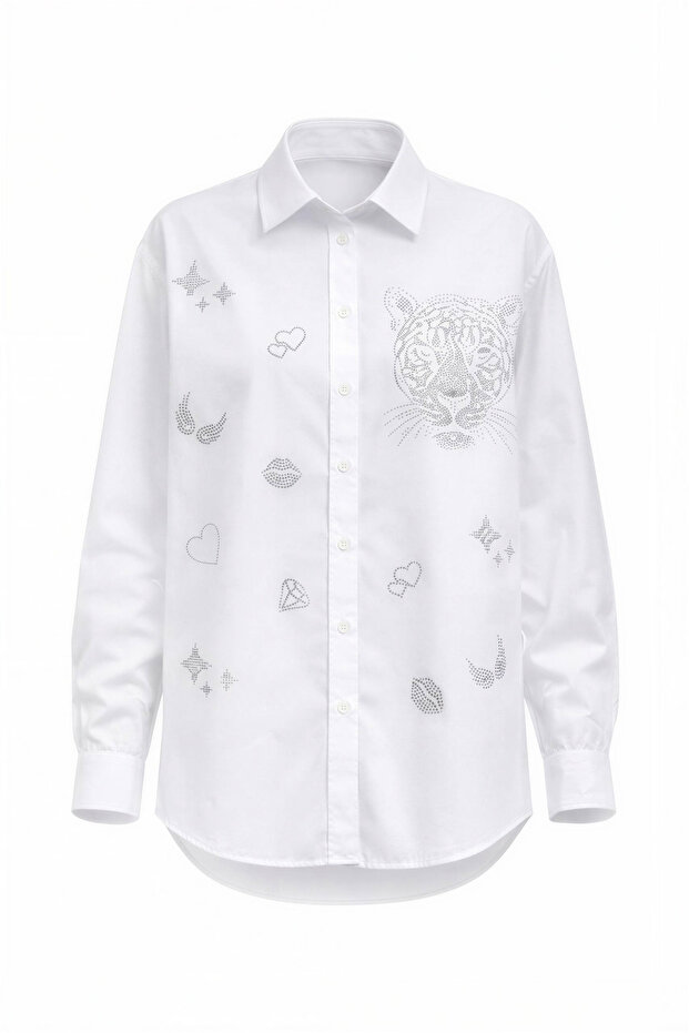Women's White Stone Tiger Figured 100% Cotton Shirt