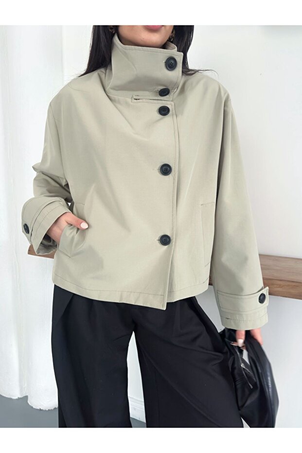 جاكيت ترنش بأزرار وياقة عالية - 1