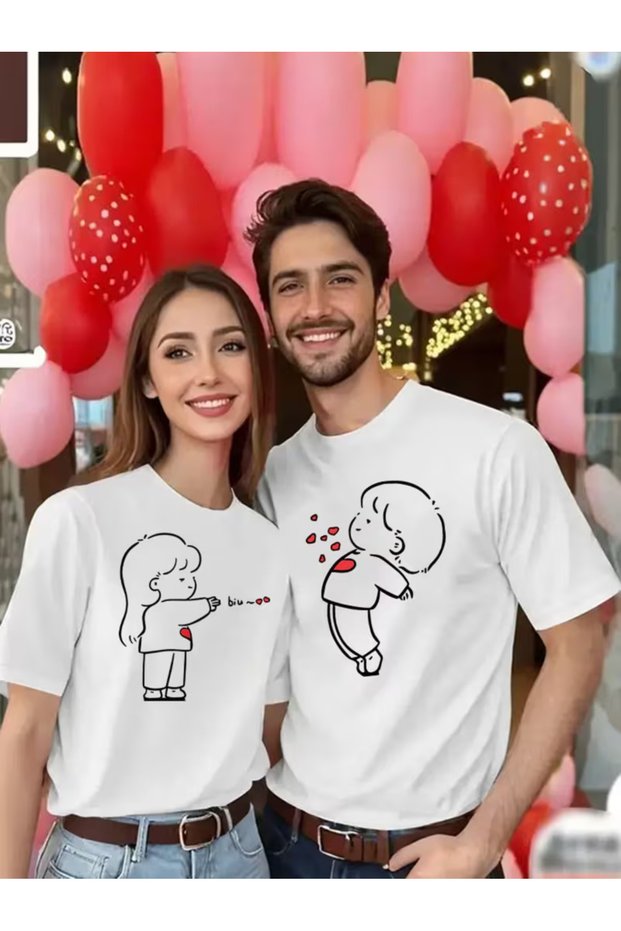 Dear Lover Combination T-Shirt Pair Heart Detailed Cute Drawing Printed Cotton Unisex Couple T-Shirt