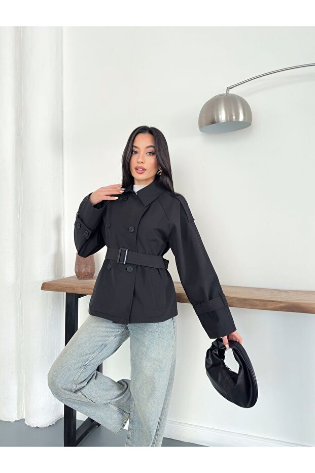 Belted Buttoned Trench Jacket - 2