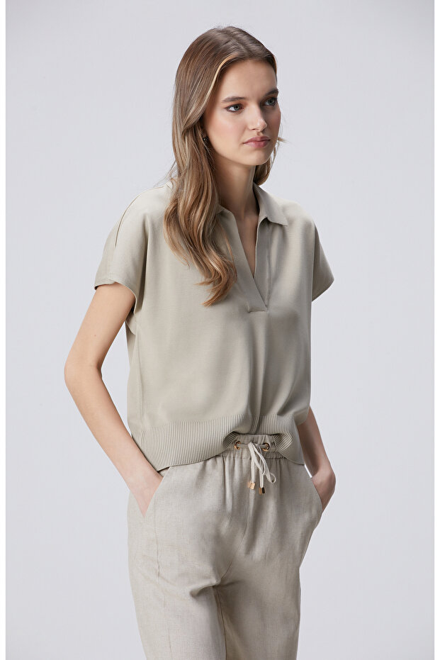 Vizon Polo Yaka Düğmesiz Kısa Kol Basic Kazak - 4