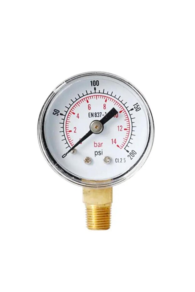 مقياس ضغط ذو وجه 40 مم، نطاق قياس 0-14 بار (0-200 رطل/بوصة مربعة)، وصلة 1/8 بوصة BSPT، مثبت من الأسفل، دقة 2.5%، درجة حرارة قصوى