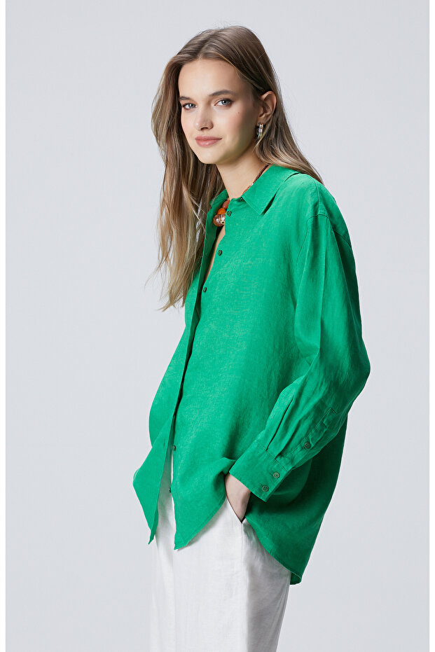 Yeşil Keten Gömlek - 4