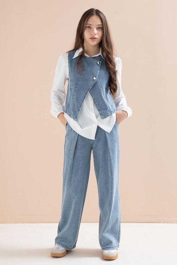 Blue Buttoned Jean Vest Set and Pants Girls' Shirt 3-Piece Set 23598