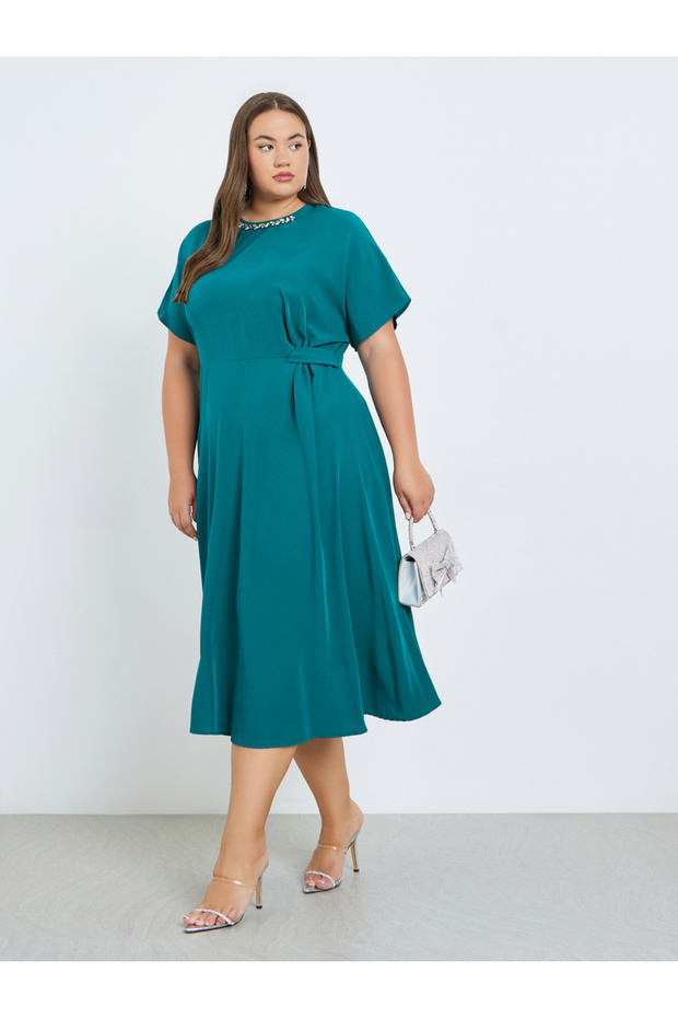 Plus Size Teal Short Sleeves A-Line Midi Dress
