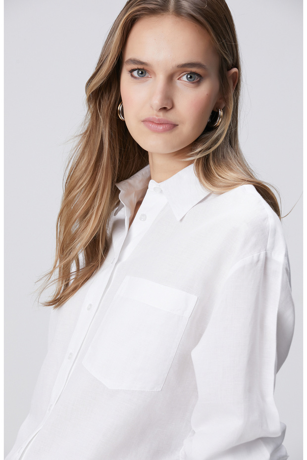 Beyaz Cep Detaylı Keten Mix Basic Gömlek - 2