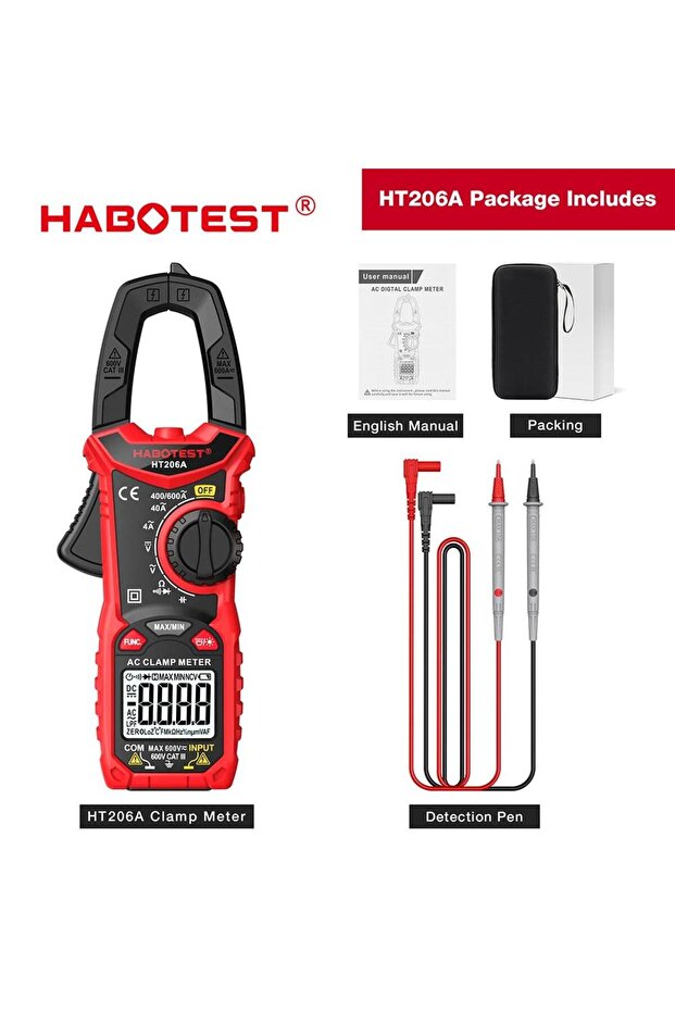 HT206A HABOTEST HT206A/HT206B/HT206D Digital Clamp Meter DC/AC Current 600A Multimeter Ammeter Volta