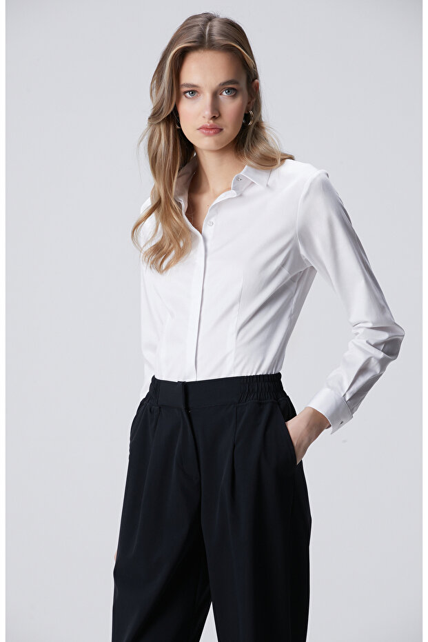 Beyaz Pamuk Saten Basic Gömlek - 4