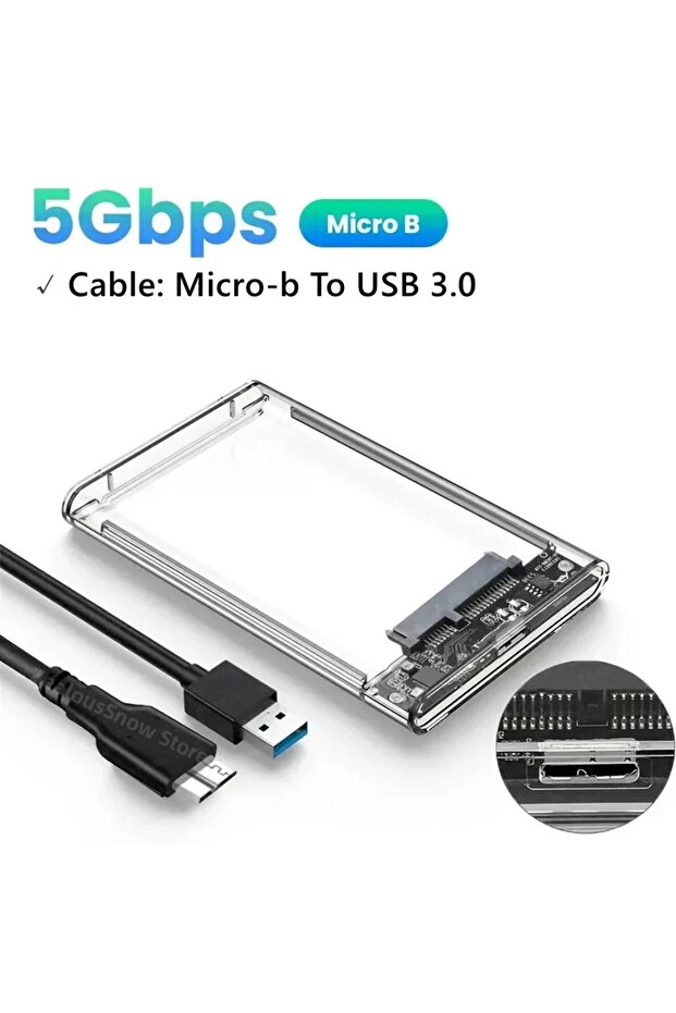 علبة قرص صلب خارجي من نوع USB 3.0/Type C بحجم 2.5 بوصة تدعم تقنية SATA SSD، مزودة بمنفذ Micro-B إلى USB 3.0.