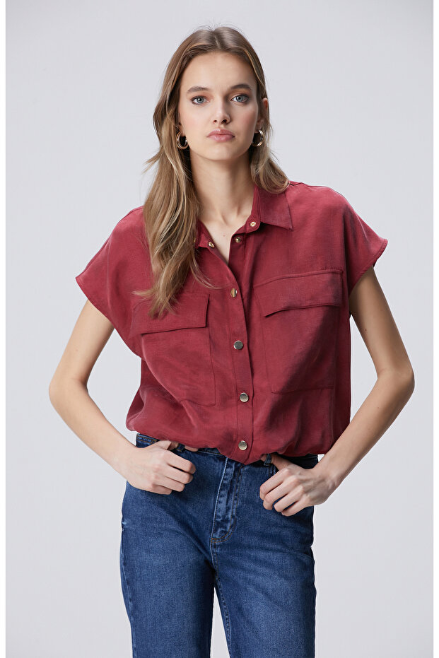 Vişne Çift Cep Detaylı Çıtçıtlı Gömlek - 1