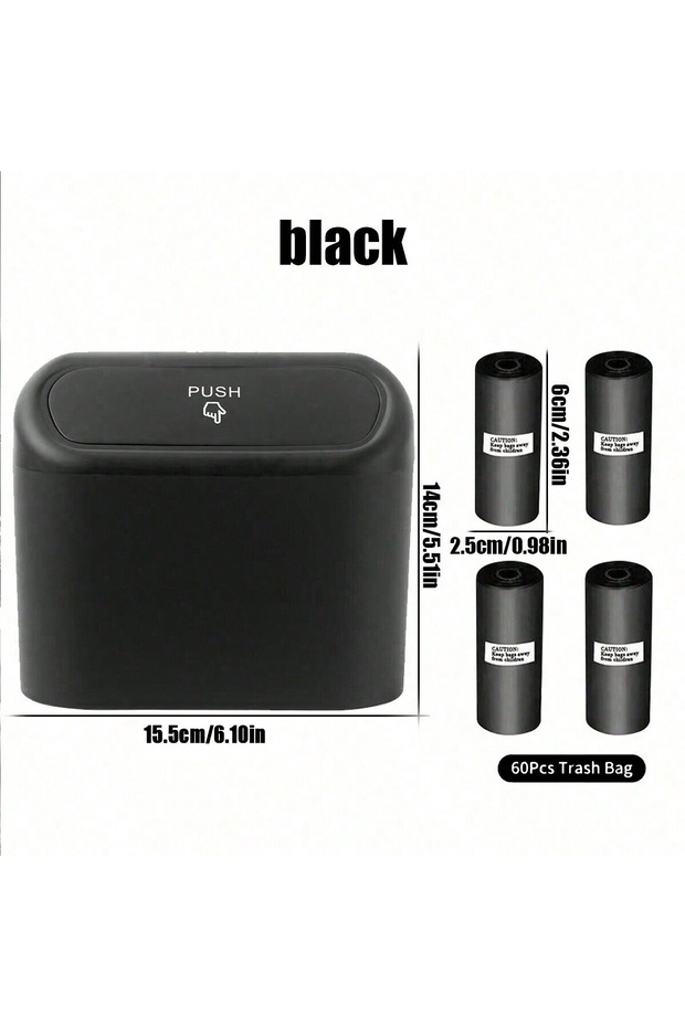 Black Kit Car trash can with lid - 4 rolls of garbage bag, leak-proof, portable hanging trash can fo