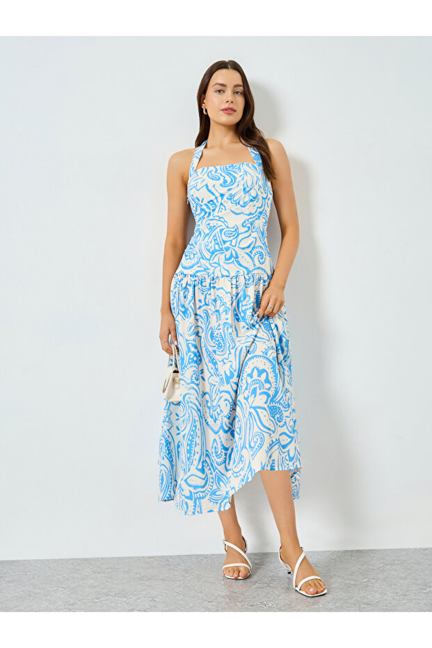 Floral Printed Halter Neck Sleeveless Midi Dress
