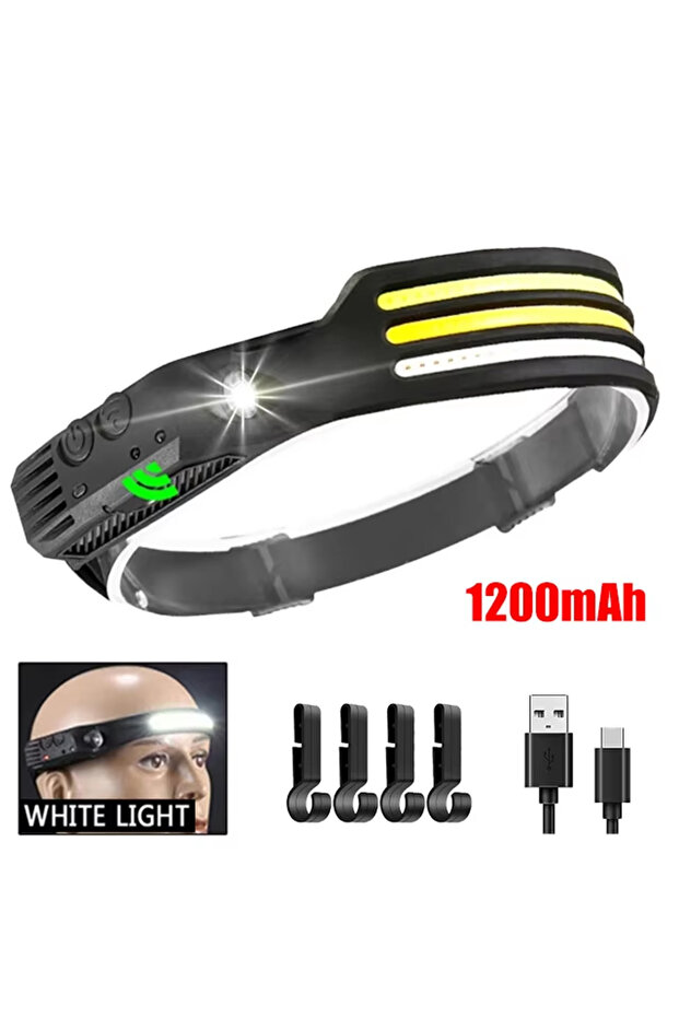 مصباح أمامي W689-3-WH مزود بخطاف، 6 أوضاع إضاءة، يعمل بتقنية LED، مزود بمستشعر COB، قابل لإعادة الشحن، وبطارية مدمجة.