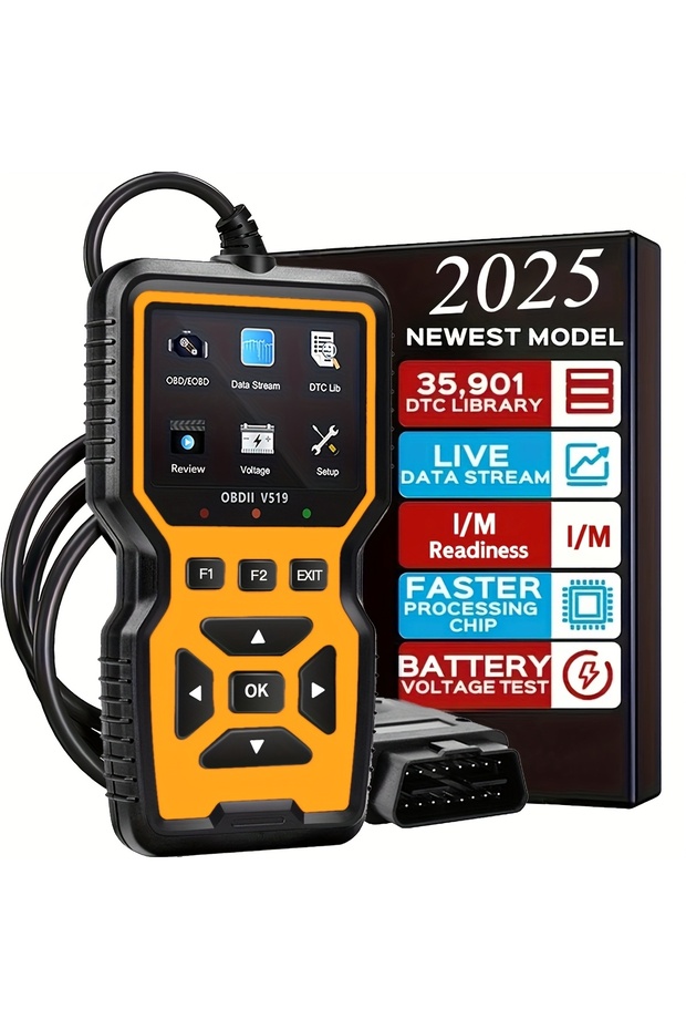 ماسح ضوئي احترافي OBD2 طراز V519 أصفر 2024 - أداة تشخيص السيارات تعمل بالـ USB مع بيانات فورية