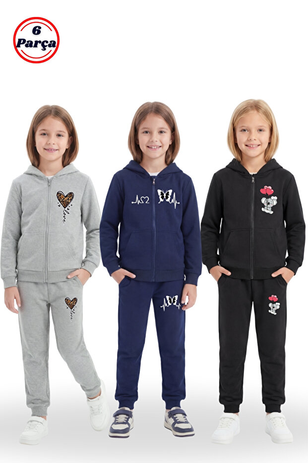 3-Piece Zippered Girls' Tracksuit Set - 6 Pieces