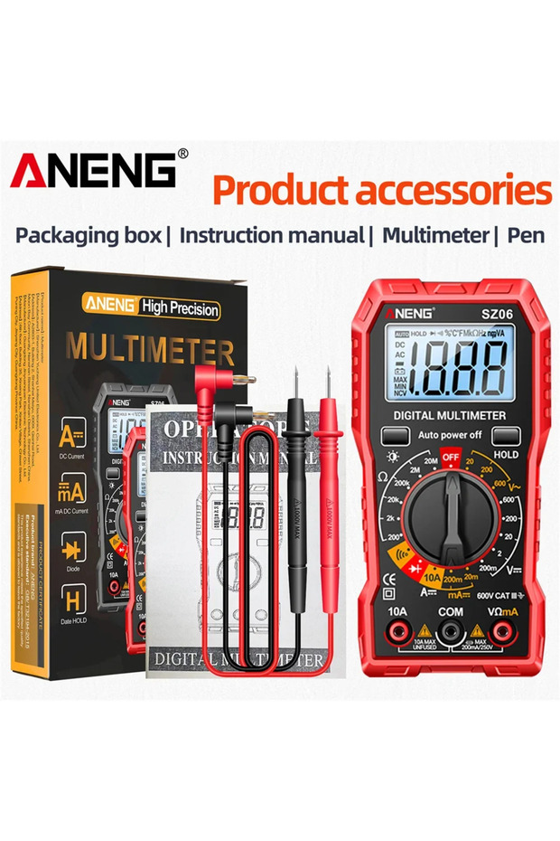جهاز قياس رقمي متعدد الوظائف ANENG SZ06 أحمر اللون، 2000 عداد، قياس الجهد المتردد/المستمر حتى 600 فولت، قياس التيار المستمر حتى 10 أمبير، اختبار المقاومة