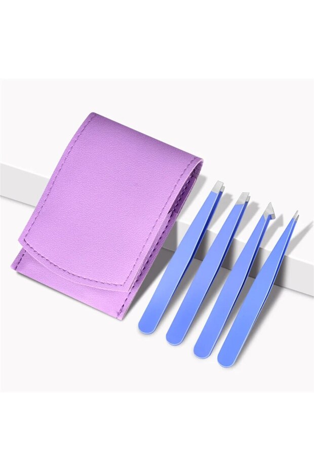 Purple leather bag 4 PCS Stainless Steel Eyebrow Clippers Set Hair Removal Forceps Oblique And Strai