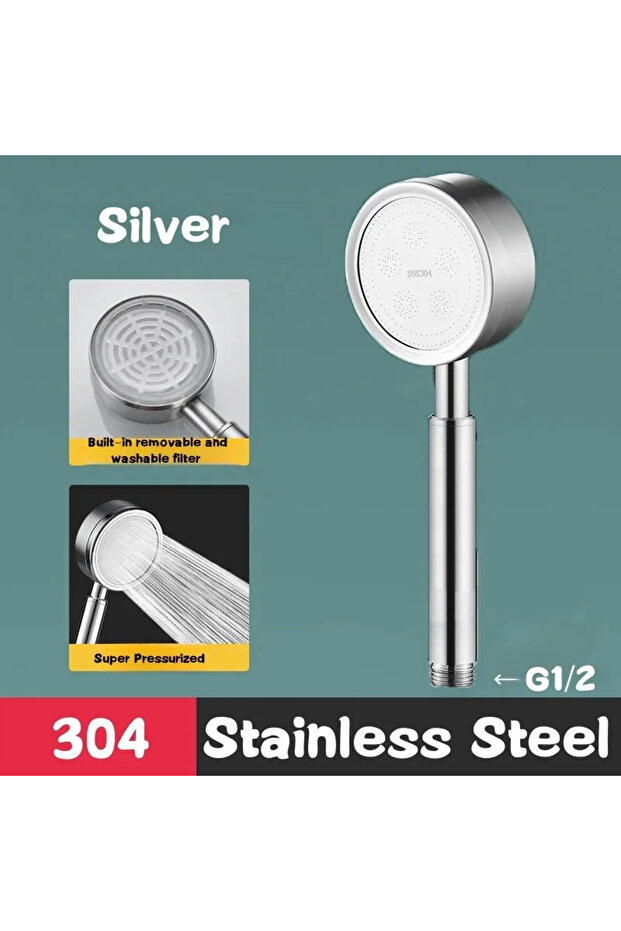 Silver-Shower Head SUS 304 Stainless Steel Bathroom Handheld Shower Head High Pressure Water Saving