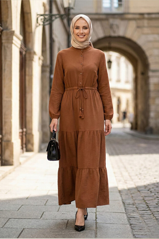 Women's Buttoned Lace-Up Tan Hijab Linen Dress