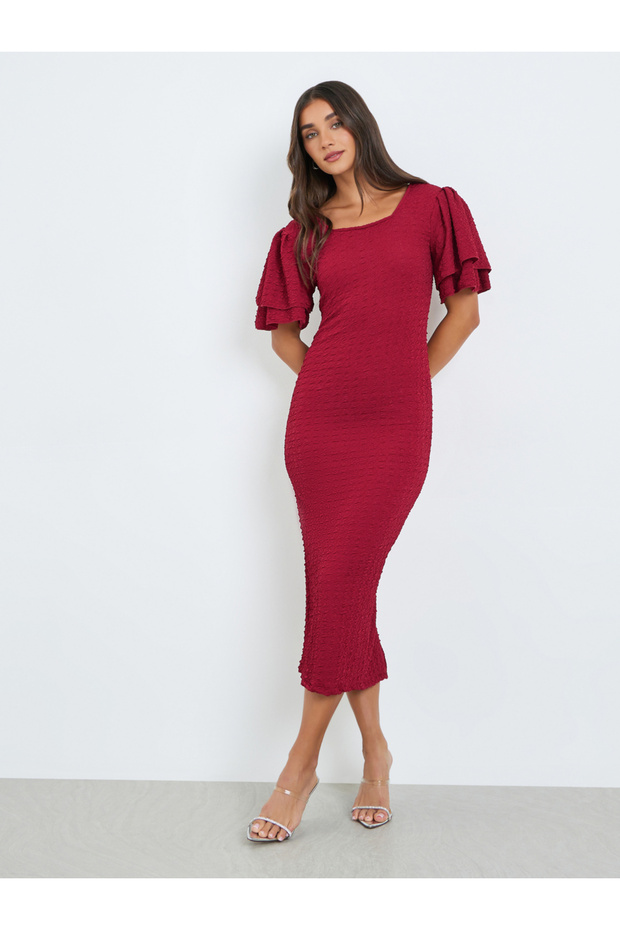 Women Red Short Sleeves Sheath Midi Dress