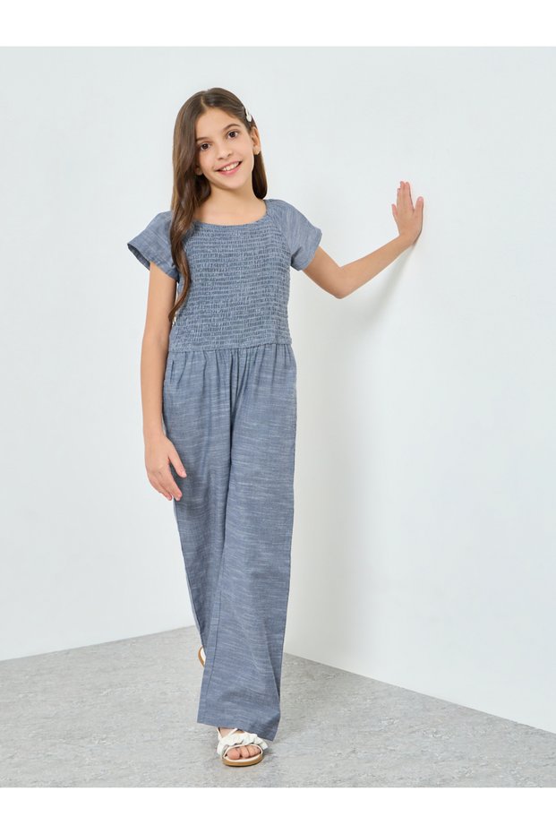 Girls Blue Cotton Smocking Detail Jumpsuit