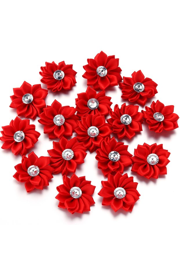 4cm 20pcs Red 20pcs/lot 40mm Mini Inlaid Rhinestones Small Handmade DIY Satin Ribbon Flowers Head De