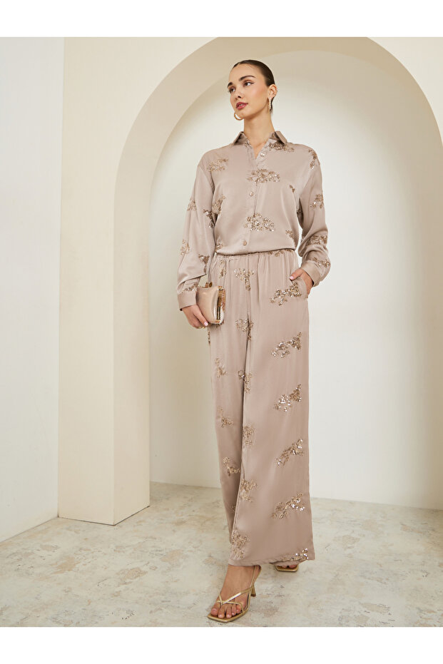 Women Beige Embellished Wide Leg Trousers